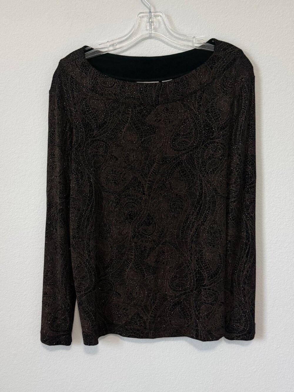 Chico's Travelers Boat Neck Long Sleeve Acetate Blend Paisley Blouse Size 2 (L)